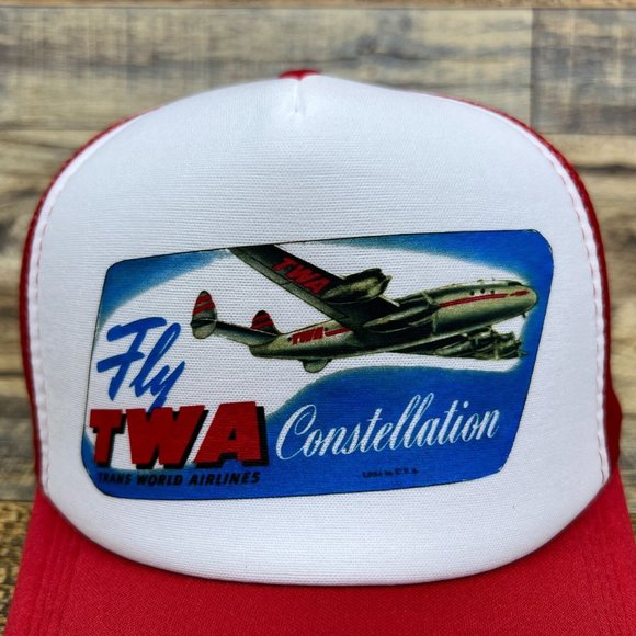 TWA Mens Trucker Hat Red Snapback Defunct Airline Vintage Logo Baseball Cap - Picture 2 of 7